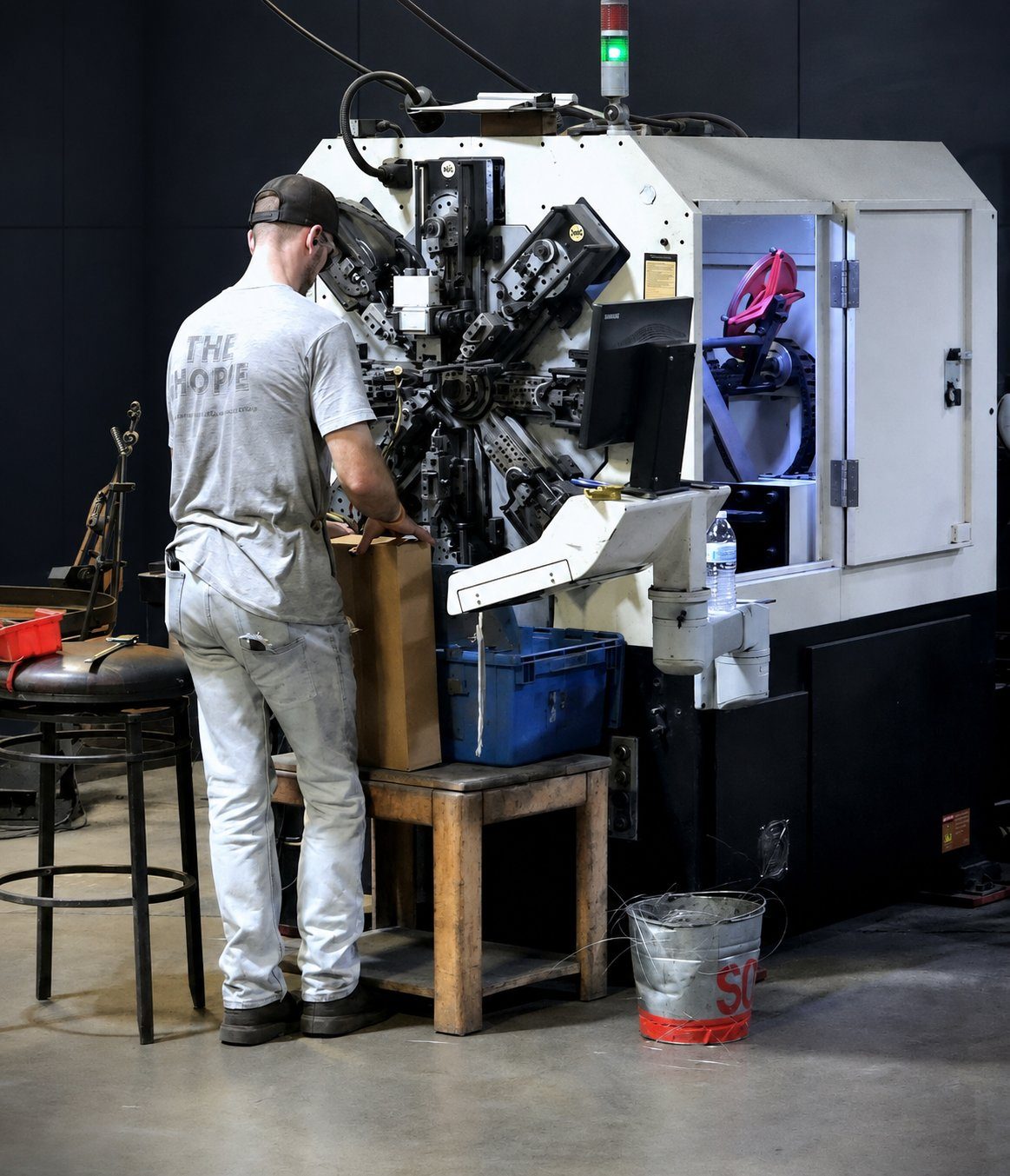 Tri-Matic Spring operator running an in-house coiling machine