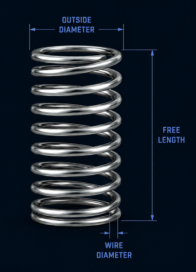 Compression spring measurement diagram showing outside diameter, free length, and wire diameter